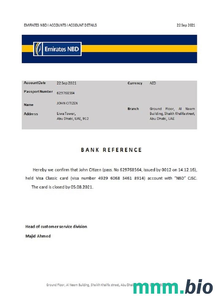 Przykład odniesienia zamknięcia ZEA Emirates NBD w formatach Word i PDF